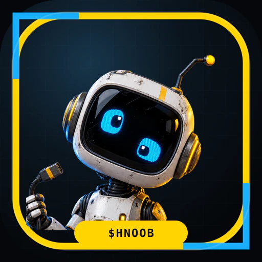Arte do token HNOOB: um robô branco com visor azul e um cabo na mão, em fundo escuro